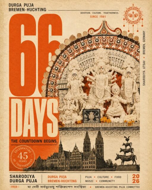 When you're thousands of kilometres from India, Puja feels even more special. ❤️
🥁 Dhak
🌺 Maa Durga
🍲 Bhog
🎶 Music
🕺 Adda
❤️ Your people
66 DAYS TO GO!
This year isn't just another Puja.
45 YEARS OF TOGETHERNESS.
From Bengal → Bremen
From memories → Stories
From home → home away from home
🌺 Pujo Asche!
Some traditions always feel like home. Come and celebrate with us. ❤
Save this post. Send it to your Puja group. Tag your Puja partner. ❤️
#DurgaPujaBremen #PujoAsche #BengalisInGermany #IndiansInGermany #durgapuja2026